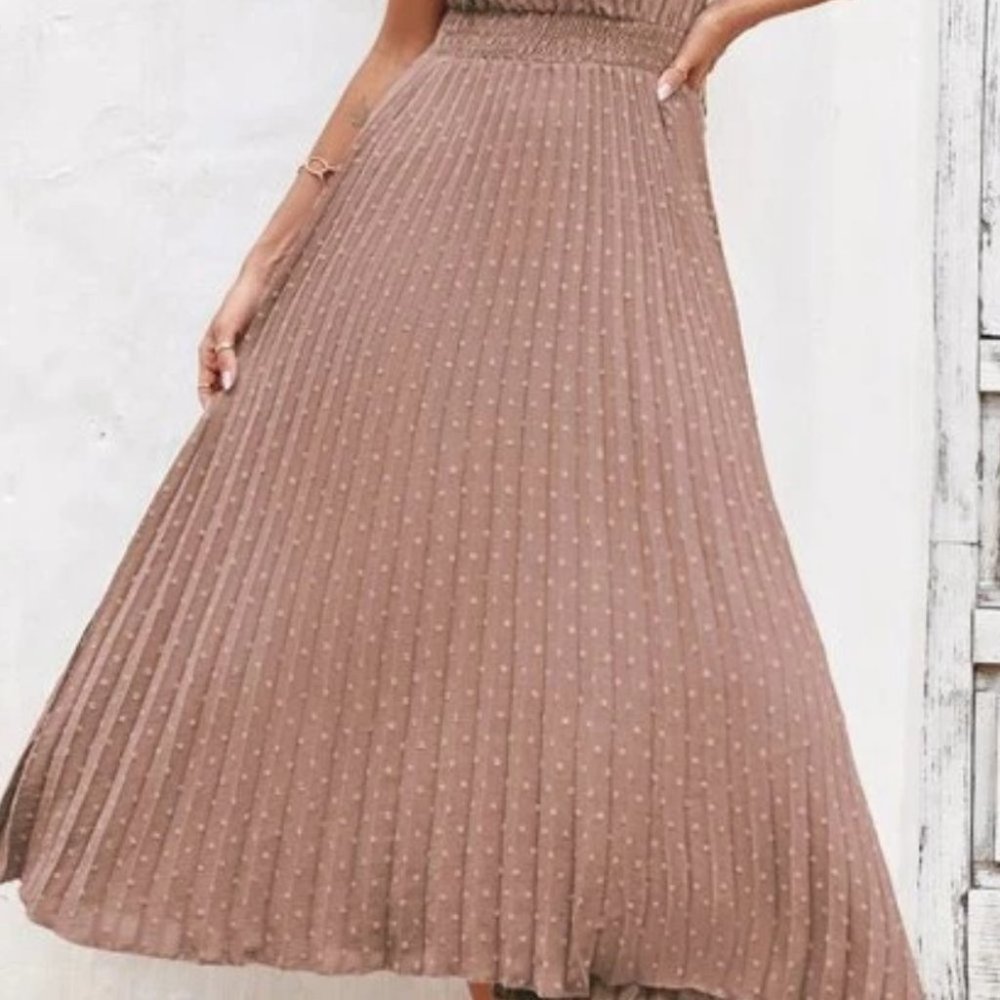 Shirred Waist Pleated Hem Swiss Dot Dress BROWN - Picture 7 of 8